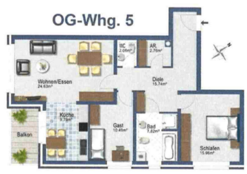 Große, sehr gepflegte 3-Zimmer-Wohnung mit Balkon in Bocholt-Biemenhorst! - Grundriss (65422)